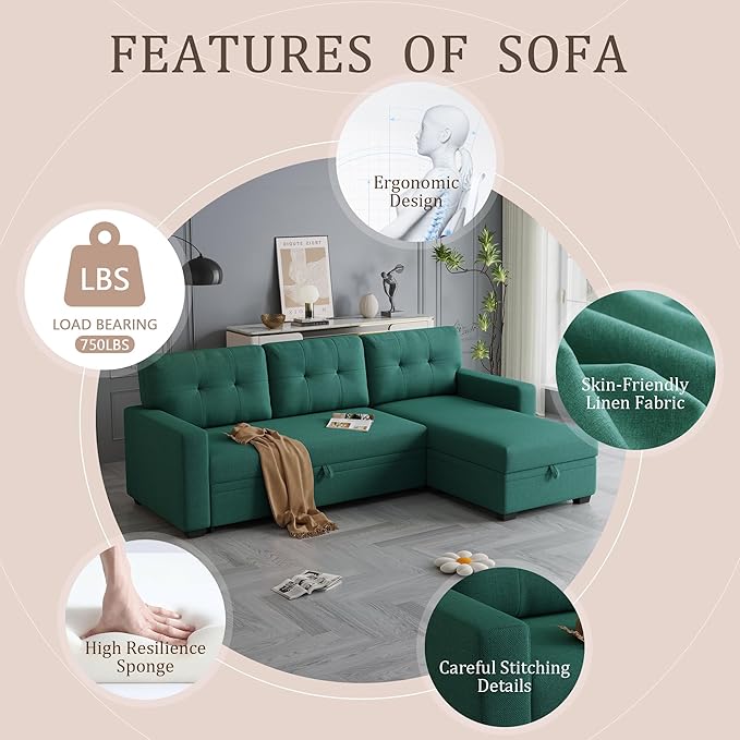 82 Convertible Sectional Sleeper Sofa with Storage Chaise L Shaped Pull Out Couch Bed with 3 Tufted Back Cushion for Living Room ApartmentOfficeGreen