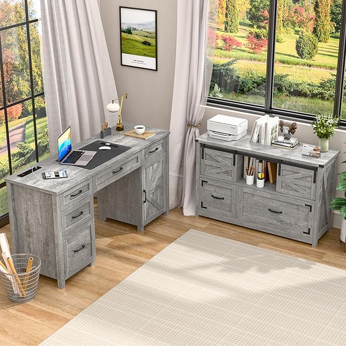 Vabches Lateral File Cabinets 2 Drawer with Sliding Barn Doors Farmhouse Filing Cabinet with 2 Drawer for Home OfficeFiling Organization Storage Cabinets for Hanging Files Letter/Legal/F4/A4.Grey