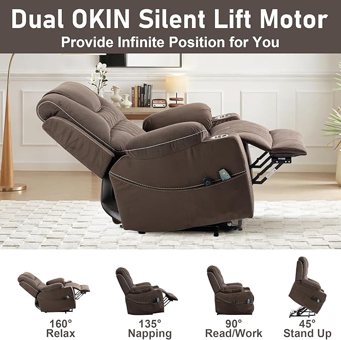 Oversized Power Lift Recliner Chair for Big and Tall 400 LBS Elderly 26 Large Electric Recliner Chair with Massage and Heating Lay Flat Zero Gravity Recliner Sofa Velvet Coffee Brown