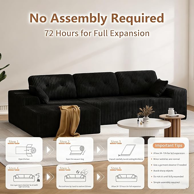 Ball &amp Cast 106'' Convertible Sectional Sofa for Living RoomModern Modular L-Shaped CouchBoneless Comfy Corduroy Fluffy Couch with Deep SeatHight Weight CapacityRight Facing Chaise (Black)
