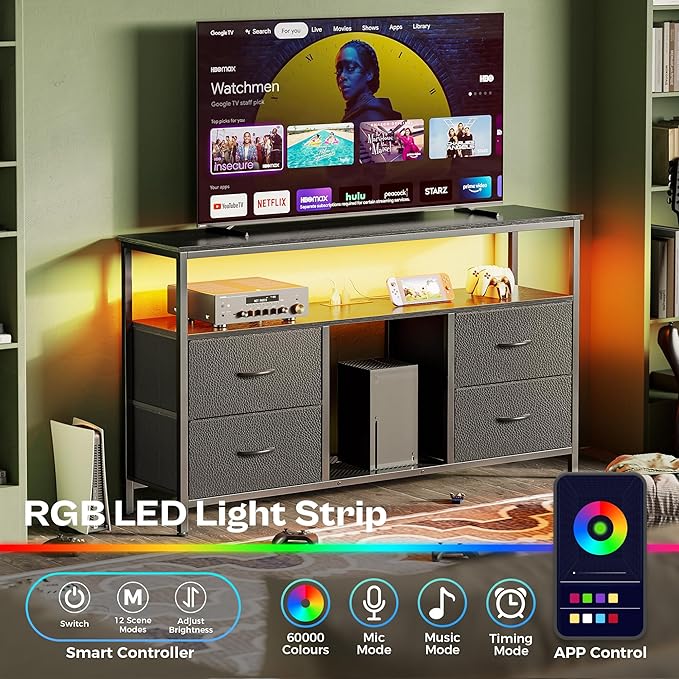 Huuger 47 Inch TV Stand Dresser with Power Outlets and LED Lights Fabric Dresser for Bedroom with Storage 4 Drawers Entertainment Center with Open Shelf Media Console for 55 50 Inch TV Black