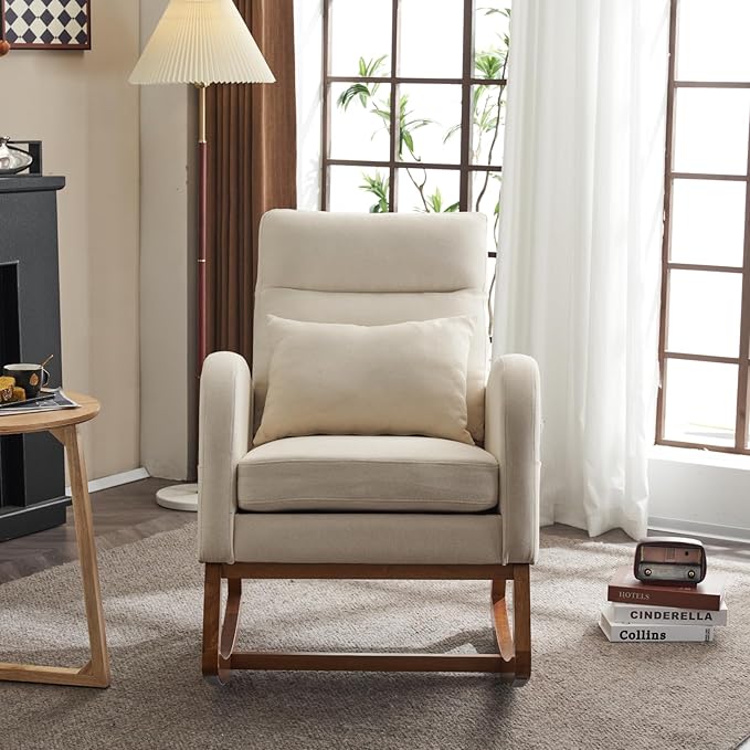 VINGLI Beige Linen Nursery Rocking Chair with Thick HeadrestMid-Century Modern Nursing RockerUpholstered Glider with Curved Armrest Sturdy Solid Wood Base for Living Room Bedroom Baby Room