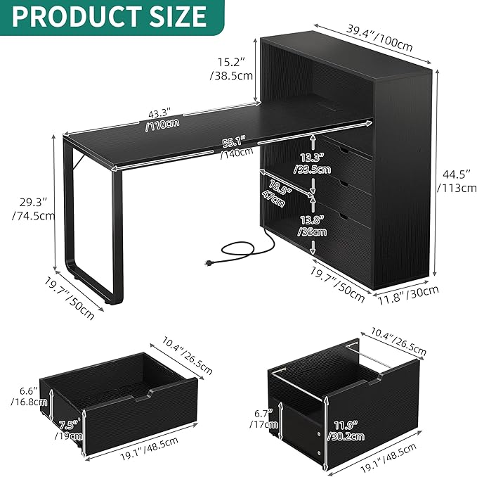 YITAHOME L Shaped Desk with Power Outlets &amp LED Lights &amp File Cabinet 55 Corner Computer Desk with 3 Drawers &amp 3 Storage Shelves Home Office Desk with Bookshelf Black