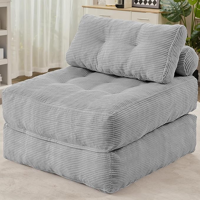 HABUTWAY Folding Sofa Bed Convertible Sleeper Chair Bed w/Dual-Pillow &amp Handle Foldable Floor Sofa Lounge w/Back Support for Living Room Bedroom Apartment Office Single Light Grey