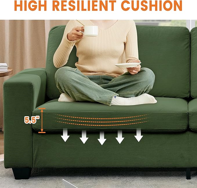 Modern Loveseat Sofa Couches for Living Room 83 Boneless Comfy Corduroy Sofa for Apartment Bedroom or Office Soft Upholstered Couch Compact Spaces Deep Seats Wood Frame Removable Cover Green