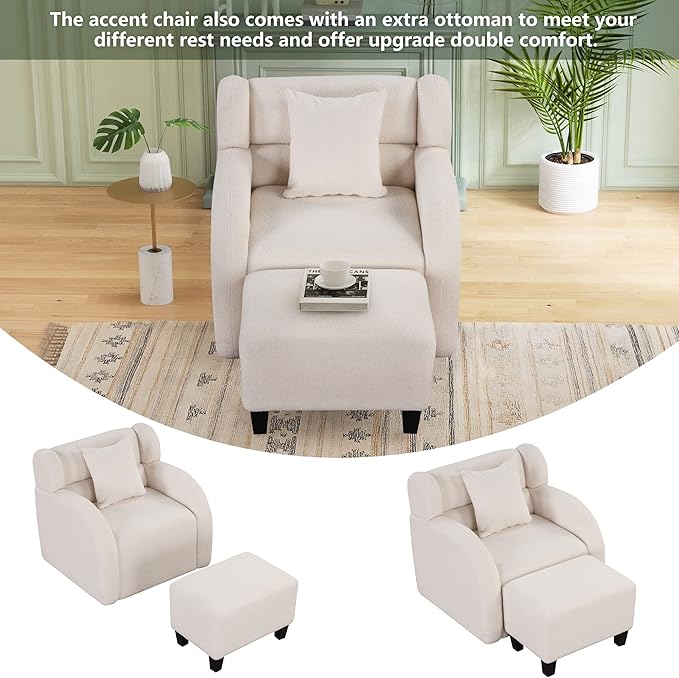 Swivel Accent Chair with Ottoman Teddy Short Plush Particle Velvet Armchair360 Degree Swivel Barrel Chair with Footstool for Living Room Hotel Bedroom Office LoungeWhite