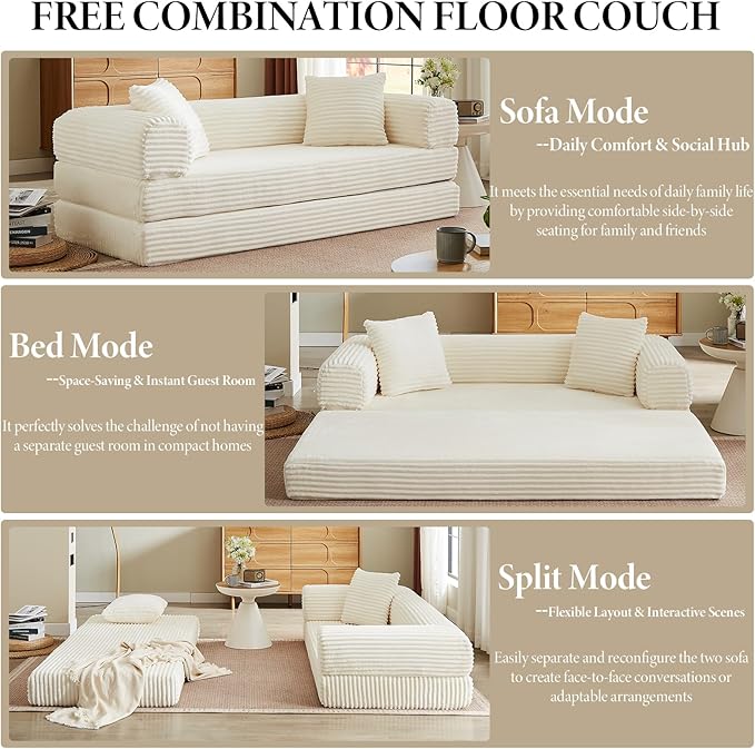 78 Inch Convertible Futon Sofa BedFolding Boneless Couch with Sleeper SofaFold Out Floor Sofa Couch with Deep SeatCloud Corduroy Foldable Mattress Couches for Living Room(Off White)