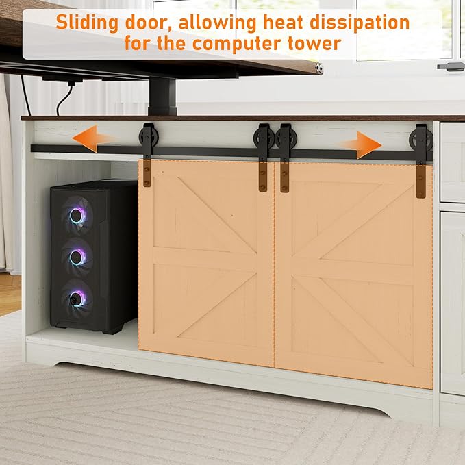 63 Farmhouse Electric Standing Desk Adjustable Height Sit Stand Corner Stand Desks L Shaped Standing Computer Desk with Power Outlets &amp Storage Drawers &amp Sliding Door for Home Office White