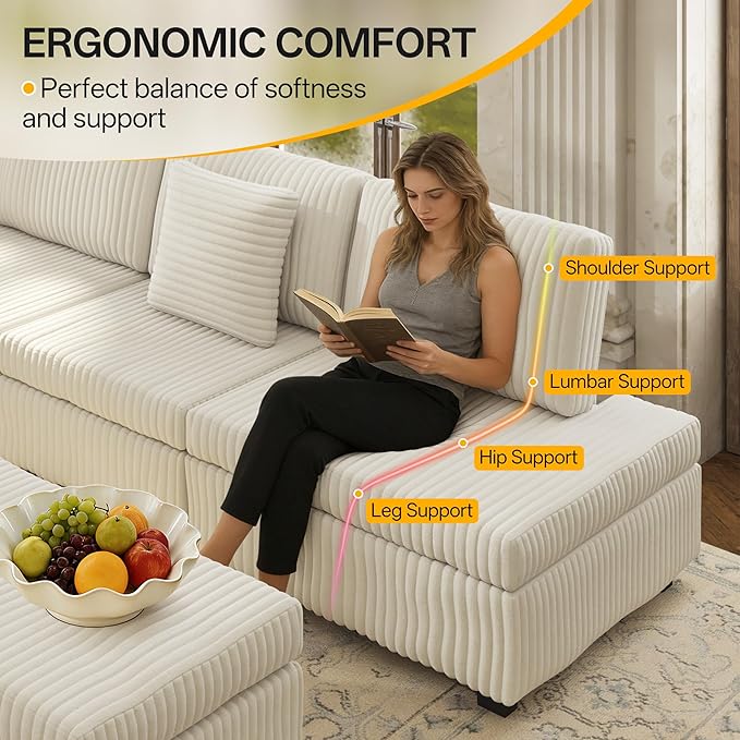KEIKI 110 L-Shaped Oversized Plush Corduroy Modular Sectional Sofa with Pull-Out Bed Convertible 6-Seater Sleeper Couch Bed with 1 Ottomans &amp USB &amp Cup Holders Easy Assembly for Living Roo