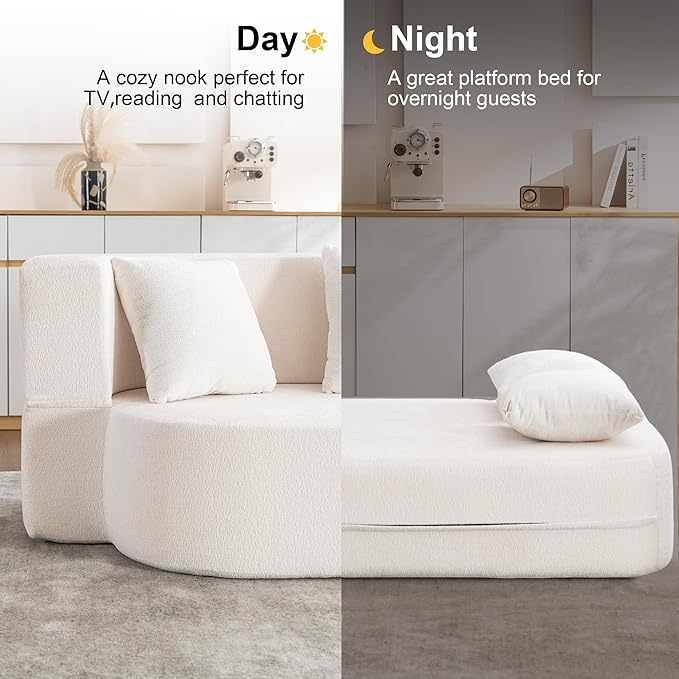 2 in 1 Convertible Sofa Bed 78.8 Modern Loveseat Sofa Couch Curved Folding Sleeper for Living Room Apartment Small Space No Assembly Required Ivory