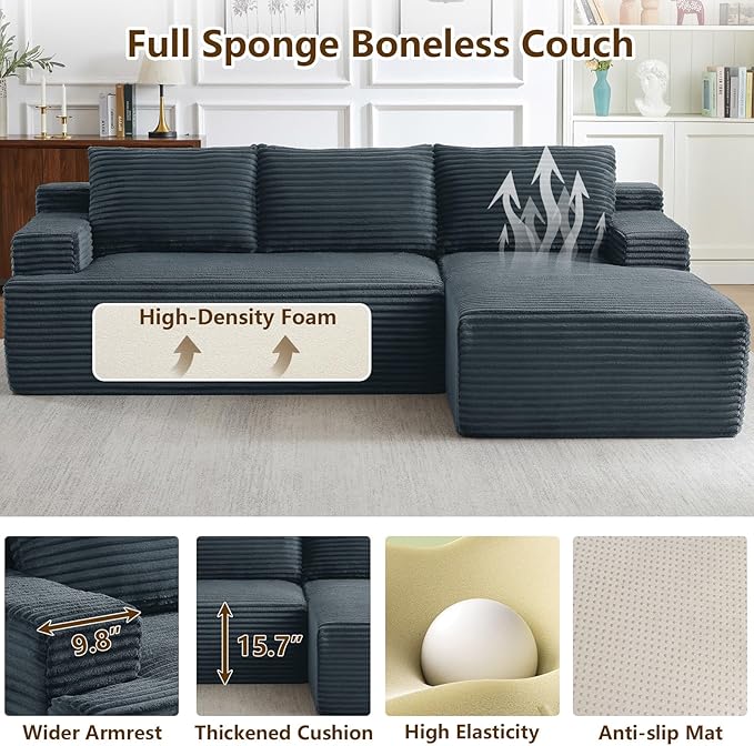 96 Cloud Sectional Sofa Boneless Couch for Living Room Modular Sectional Sofa with Deep Seat Fluffy Comfy Corduroy Couch with L-Shaped Chaise No Assembly Required (Grey Right Facing)