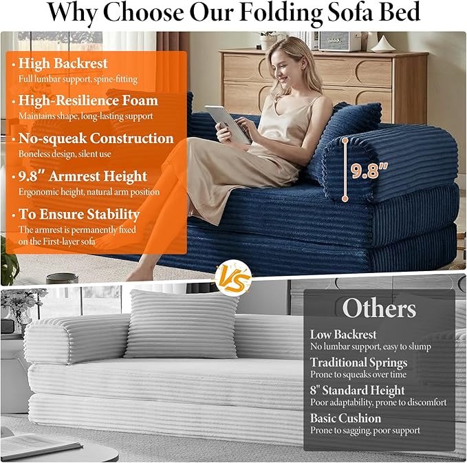 78 Inch Convertible Folding Sleeper Sofa Bed Fold Out Floor Sofa Couch with Fixed-Shape Frame Cloud Corduroy Foldable Mattress Couch for Living Room Bedroom (Blue)