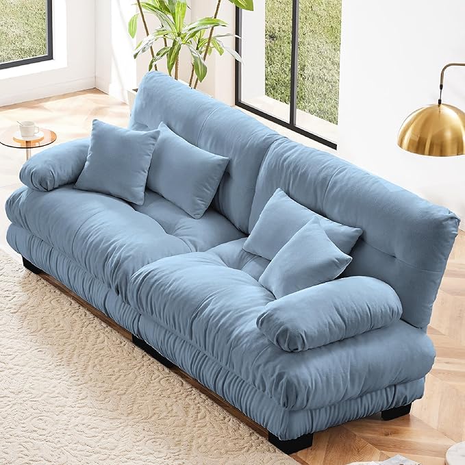 KEIKI 94 Sectional Sofa with 4 Pillows Comfy Sleeper Cloud Loveseat Couch Set Soft Deep Seat Sofa Chenille Upholstered Loveseat for Apartment &amp Living Room Blue