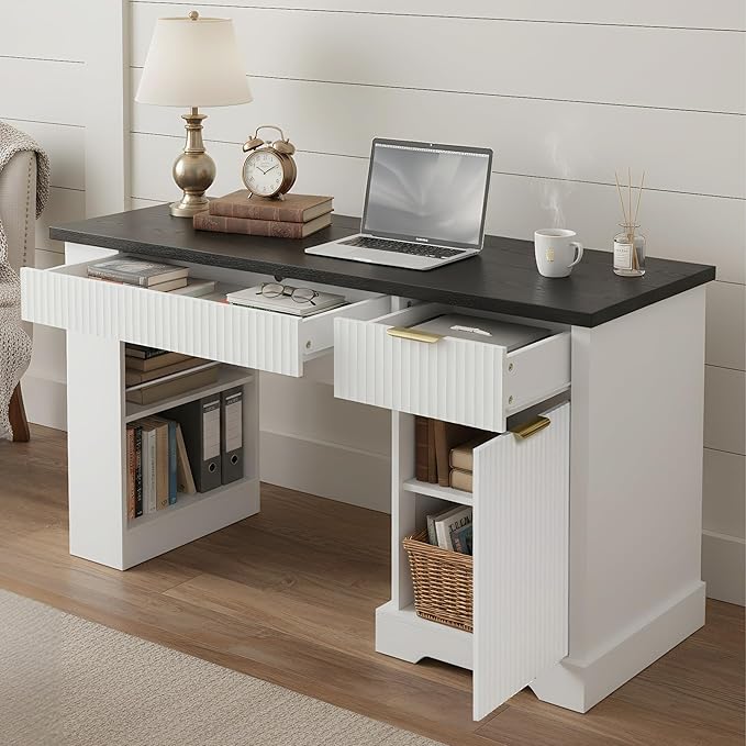 55 Office Desk with Built-in Charging Station Modern Wooden Fluted Computer Study Writing Table with Adjustable Cabinet + 2 Drawers + Pegboard Storage for Study Bedroom Offices