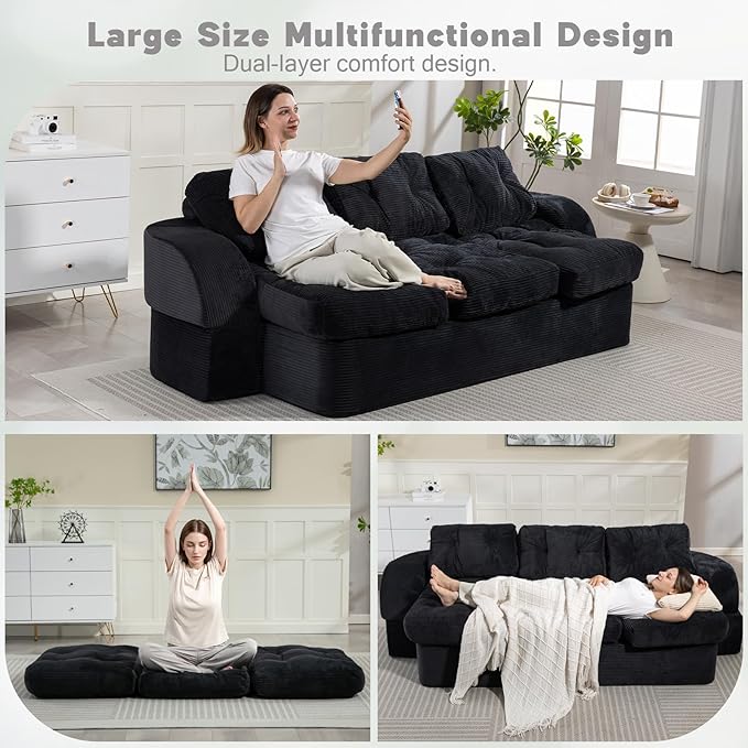 from Couch to Cloud: 3-Seater Boneless Sofa Bed for Small Spaces Cozy Tufted Corduroy Sleeper for Modern Adults No Assembly Needed Ships Compressed