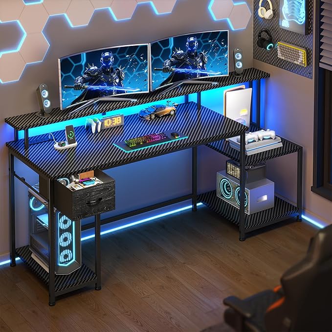 55 Inch Gaming DeskComputer Desk with LED &amp Power OutletOffice Desk with Printer Storage Shelves &amp Storage DrawerStudy Table with Monitor ShelfDorm Room EssentialsBlack