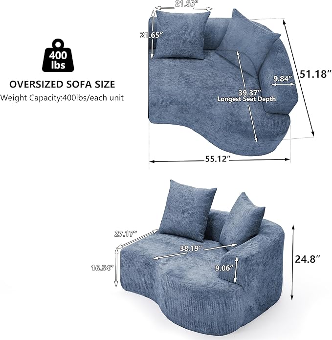 L Shaped Single Sofa Modern Comfy Chenille Fabric Loveseat Couch No Assembly Required Small Couch with Deep Seat 2 Pillows for Living Room Apartment Bedroom