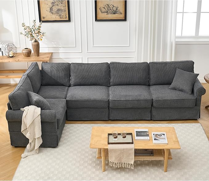 Modular Sectional Sofa SetConvertible L Shaped Couch5 SeatReversible Sectional Sofa CouchUpholsteredCorner SofaRolled ArmsSoft Linen Fabric (Dark Gray)
