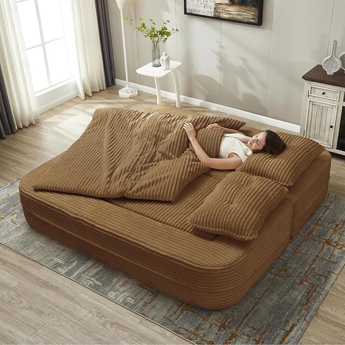 80 W Convertible Folding Sofa Bed Corduroy Futon Loveseat Sleeper Couch Bed with Blanket Full Size Compression Foam Floor Couch Boneless Foldable Mattress for Living Room Bedroom Camel