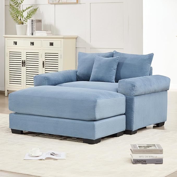 54.3 Oversized Cloud Accent Chair with Ottoman Modern Plush Corduroy Upholstered Extra-Thick Armrests &amp Overstuffed Cushion &amp 3 Pillows Comfy Chaise Lounge for Living Room Bedroom Apartmen