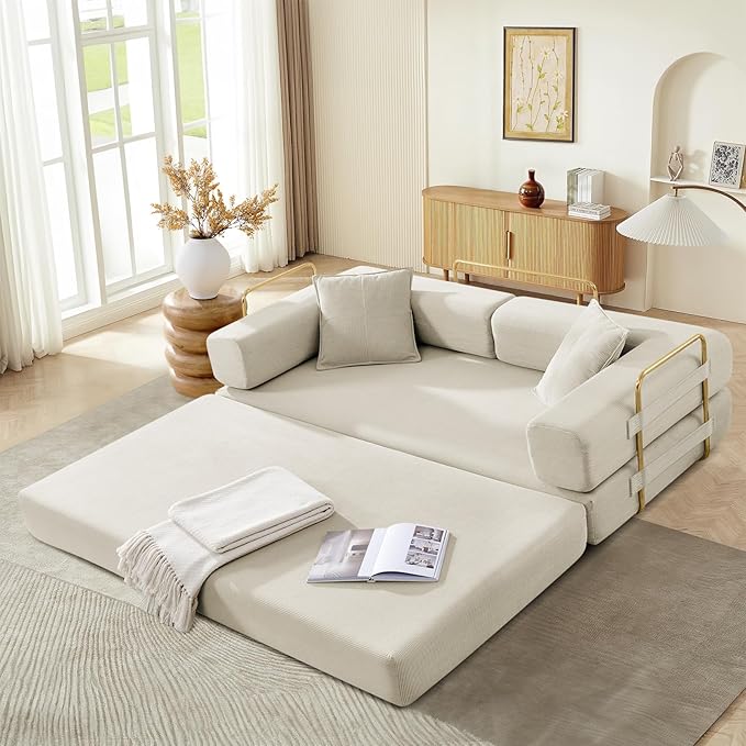 Folding Sofa Bed Convertible Corduroy Fabric Comfy Loveseat Sleeper Bed Modular Foam Compression Sofa Couch Floor Lazy Chaise Lounge for Guest Room Living Room Studio (Beige)