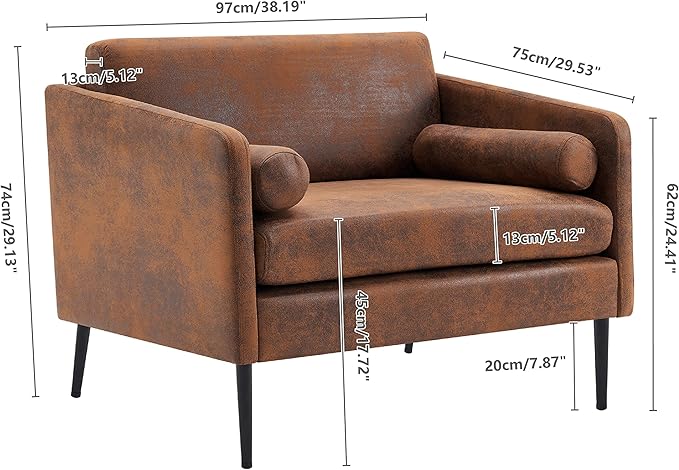 Karl home Mid-Century Club Chair 38.2 Living Room Sofa Oversized Bronzing Cloth Upholstered Accent Chair with Metal Legs for Living Room Bedroom Balcony Apartment Office Brown
