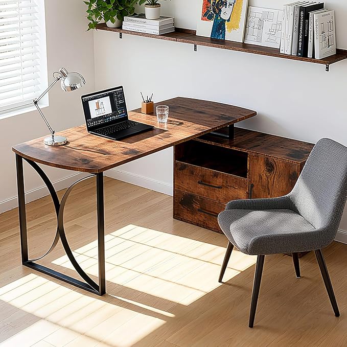 ivinta 55.1 L Shaped Desk with Drawer Cabinet and Storage Hutch Modern Home Office Desk with 35.4 File Cabinet for Writing Study Work Vanity Desk for Living Room Office Bedroom 7189 (Brown)