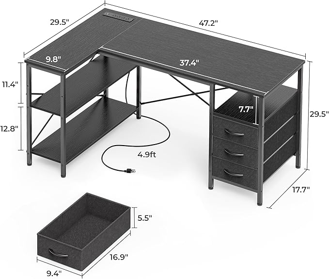 Huuger L Shaped Office Desk with Power Outlets 47 Inch Computer Desk with 3 Drawers Shelves for Gaming Corner Work Home Office Study Black