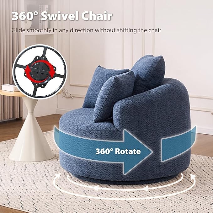 Modern 39 Swivel Barrel Chair Comfy Boucle Upholstered Accent Chair with 360° Rotation Single Sofa with 3 Pillows Ergonomic Design for Living Room Bedroom Office Antique Blue