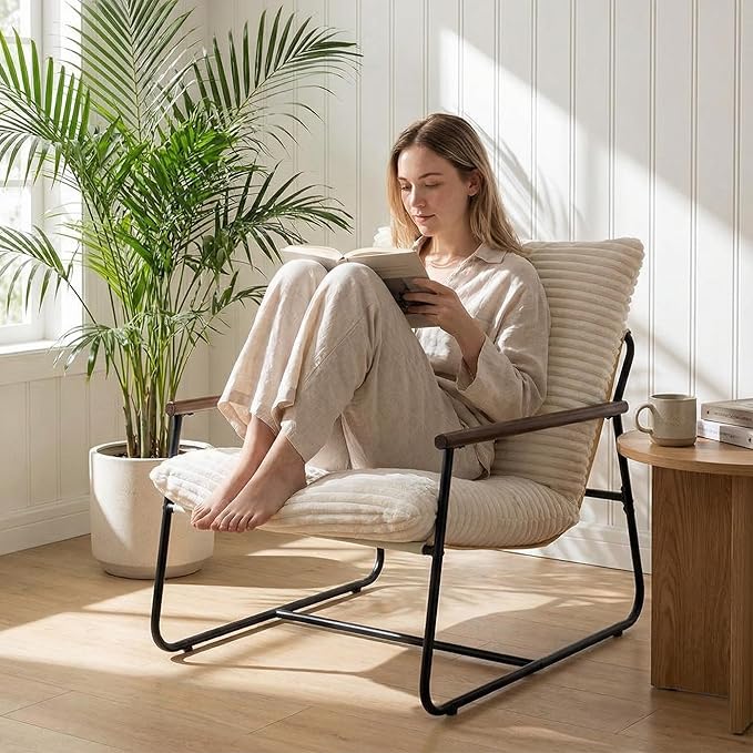 HOMPUS Modern Accent Chair 29'' Comfy Living Room Chair with Sturdy Metal Frame &amp Foam Cushion Soft Upholstered Armchair Small Sling Accent Chair for Bedroom Lounge Reading Room Off-White
