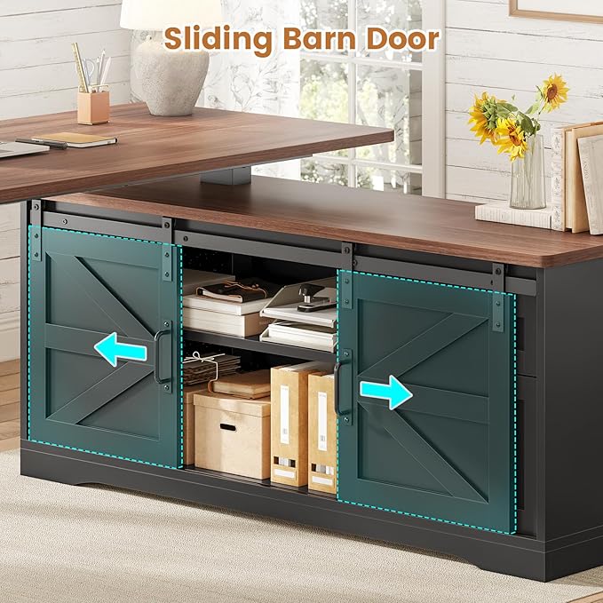 SEDETA Farmhouse L Shaped Standing Desk 55 inch Height Adjustable Corner Desk with Storage Drawers Standing Computer Desks with Power Outlets for Home Office Black