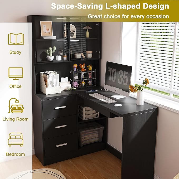 43.3 L Shaped Executive Desk with Hutch and Drawers Farmhouse Home Office Desk with USB Charging Ports Wood Computer Desk for Work and Study Black