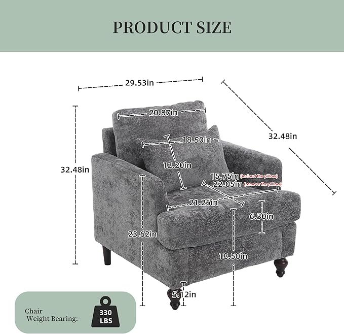 Modern Accent Chair Living Room Upholstered Chenille Armchair with Waist Pillow Single Sofa for Living Room Bedroom Office Grey