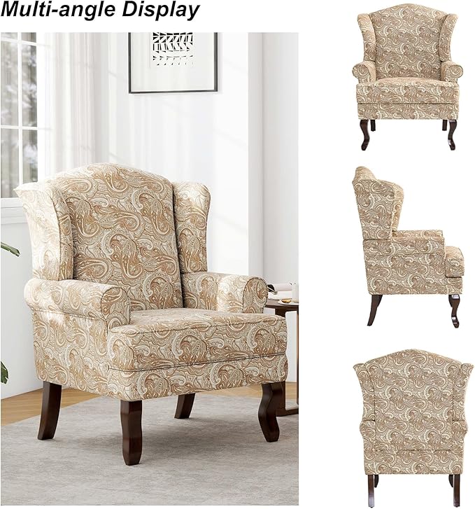 Accent Chair High Back Upholstered Armchair with High Resilience Sponge &amp Wood Legs Mid-Century Modern Comfy Single Sofa Reading Chairs for Living Room Bedroom - Paisley Sand Set of 1