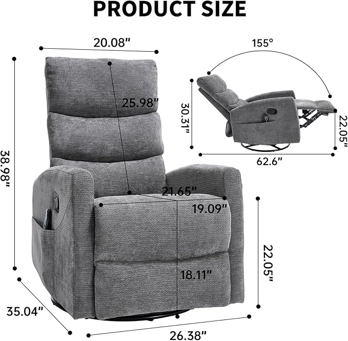 Swivel Recliner with Heat and Massage Rocker Recliner Chair for Living RoomGlider Recliner Nursery Chair with Black Metal Base/Adjustable Backrest and Footrest (Fabric Grey2)