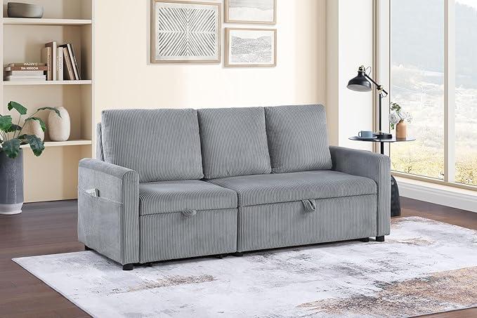 Lilola Home Oswin 70 W Gray Corduroy Fabric Sleeper Sofa with Pull-Out Chaise and Tufted Cushions – Modern Space-Saving Convertible Couch for Small Apartments or Guest Rooms