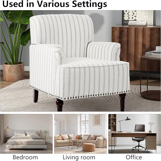 Accent Chair Mid Century Modern Comfy Armchair for Living Room Linen Fabric Single Sofa Lounge for Reading Bedroom Apartment Waiting Room with Wood Legs (Pinstripe Grey Set of 2)