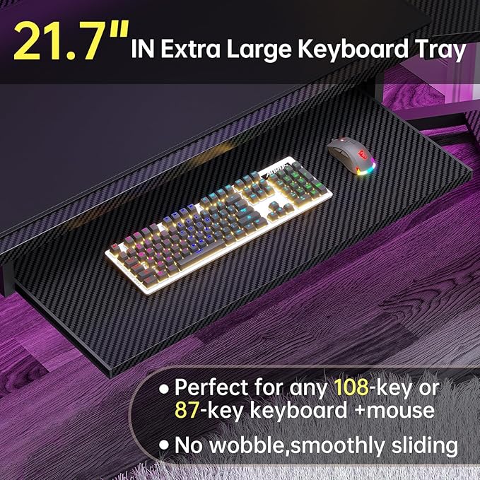 SEDETA 79 Gaming Desk Computer Desk with 2 Fabric Drawers &amp LED Light L Shaped Gaming Desk with Storage Shelf for Home Office Carbon Fiber Black