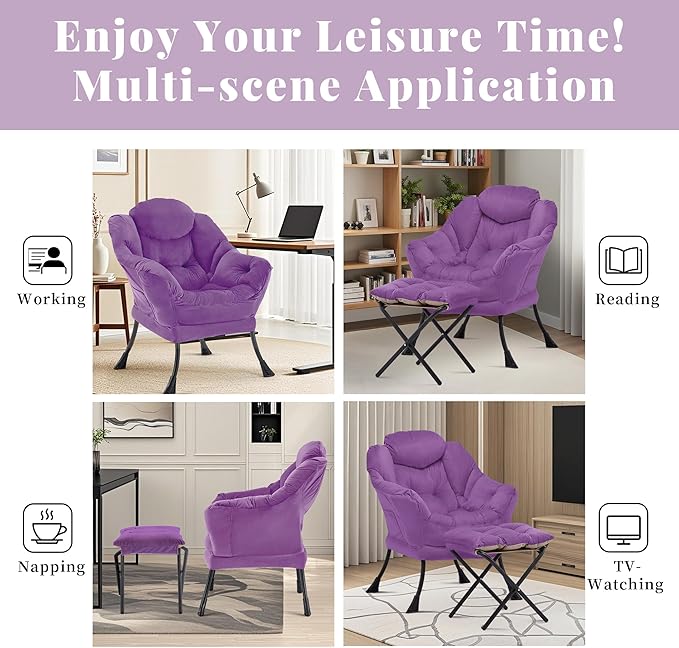 Lazy Chair with Ottoman Comfy Accent Lounge Chair with Side Pocket Modern Reading Armchair with Footrest Upholstered Sofa Chair for Small Spaces Bedroom Living Room Dorm Purple