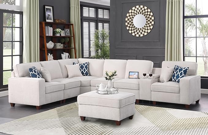 Ball &amp Cast 127 L-Shaped Sectional Couches for Living Room with Movable Ottoman2 Cup Holders &amp USB Ports7 Seat Chenille Upholstered Sofa W/6 Throw Pillows &amp Hidden Storage BoxDIY Combi