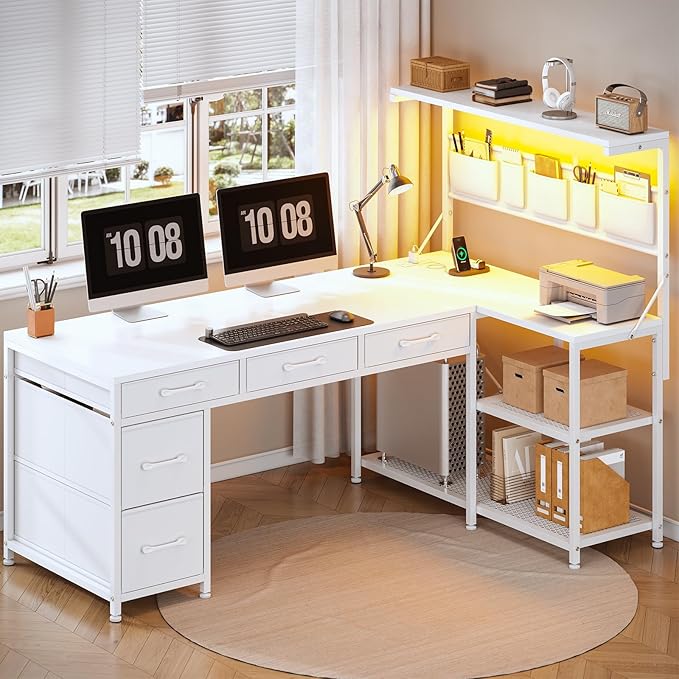 SEDETA Corner Computer Desk Reversible L Shaped Computer Desk with Fabric Drawers and Power Outlet 47.2” Gaming Desk with LED Lights Storage Shelves and Hutch White