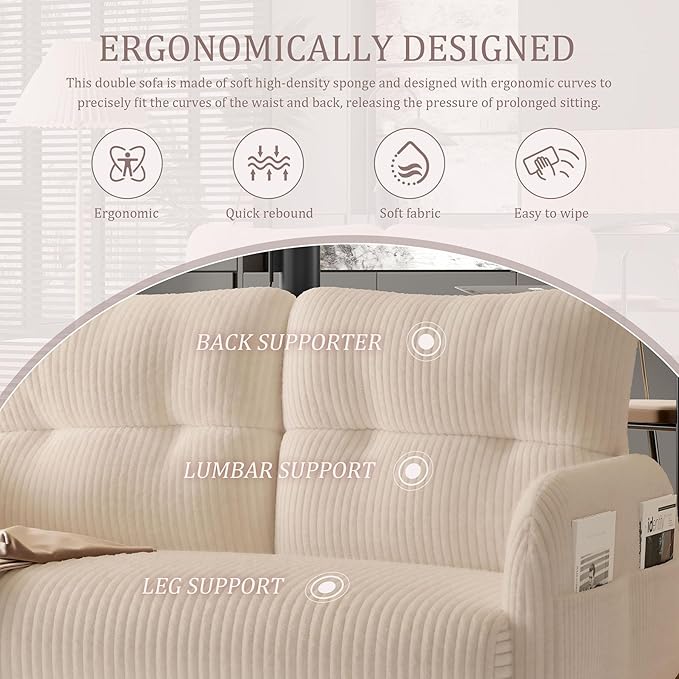 Beige Small Loveseat Sofa - 47 Mini Couch for Bedroom Comfy Corduroy Fabric 2-Seat Sofa Couch with Solid Wood Frame for Living Room Small Space Dorm Easy Assembly (Beige) | Sturdy and Durable