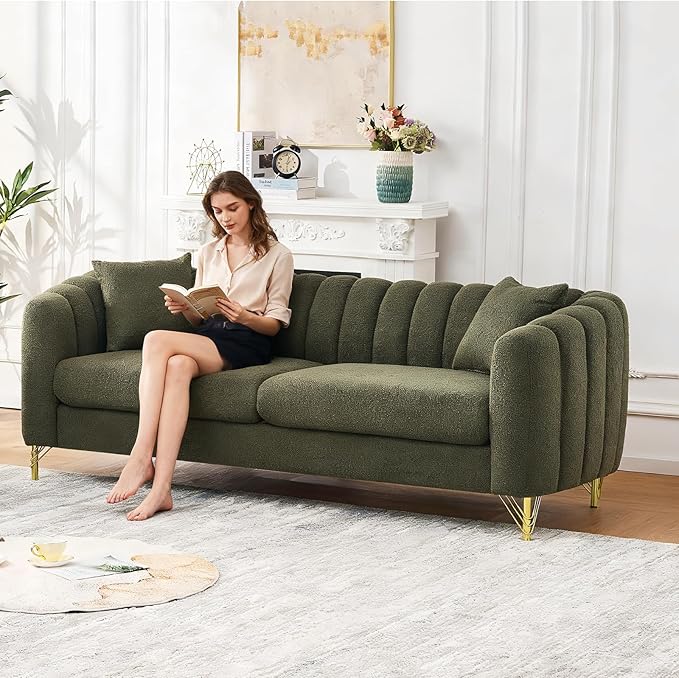 Green Cloud Sofa Set 2 Piece Living Room Furniture Modern Comfy Overstuffed Deep Seat Curved Sofas with Gold Legs &amp Pillows Foam Upholstered Teddy Loveseat with Round Arm (Green Couch and Lovese