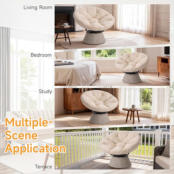 ONBRILL 43″ Ergonomic Papasan Chair with Soft Thick Cushion and Sturdy Steel Frame 360 Degree Swivel Chair for Living Room Bedroom Reading Room Patio Outdoor Beige
