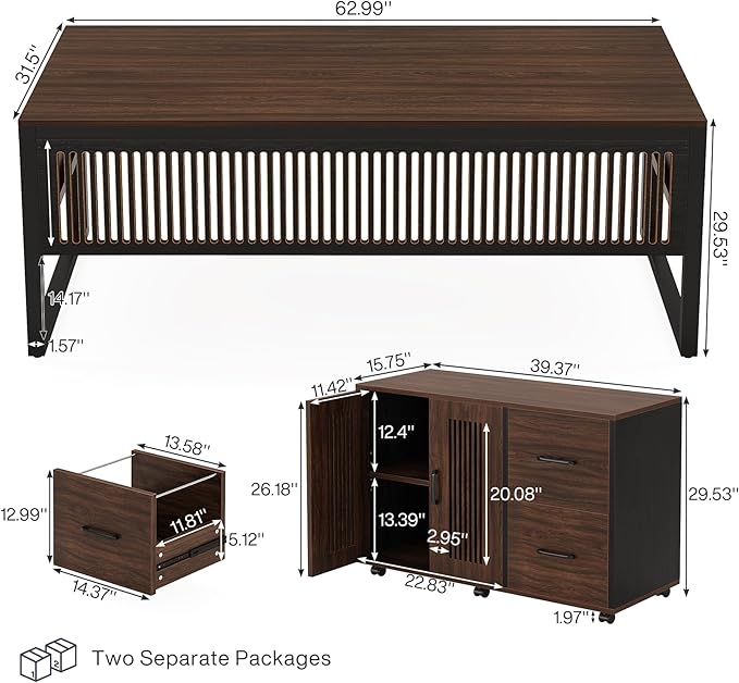 Tribesigns 63-Inch L-Shaped Desk Modern Executive Desk with Mobile File Cabinet Large Office Desk with Door Storage Cabinet and Drawer Business Furniture for Home Office Dark Walnut &amp Black