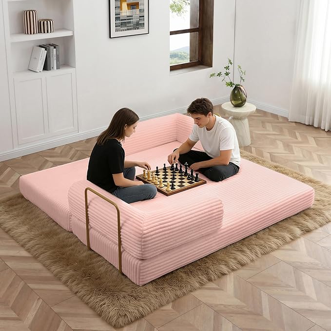80 Convertible Sofa Bed Modern Corduroy Sleeper Sofa Folding Floor Couch with Golden Fixed-Shape Frame Pink Boneless Loveseat Sofas Bed for Living Room Bedroom No Assembly Needed