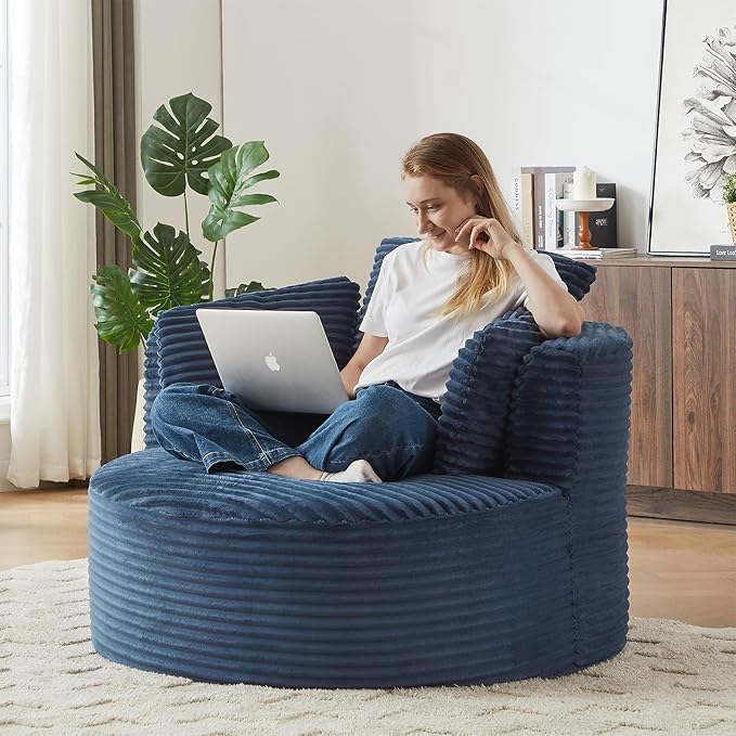 Oversized Round Chair 48W Corduroy Comfy Circle Armchair with Deep Seat &amp 3 Pillows Upholstered Floor Boneless Chair Fluffy Modern Cozy Sofa Chairs for Living Room Bedroom Apartment(Blue)