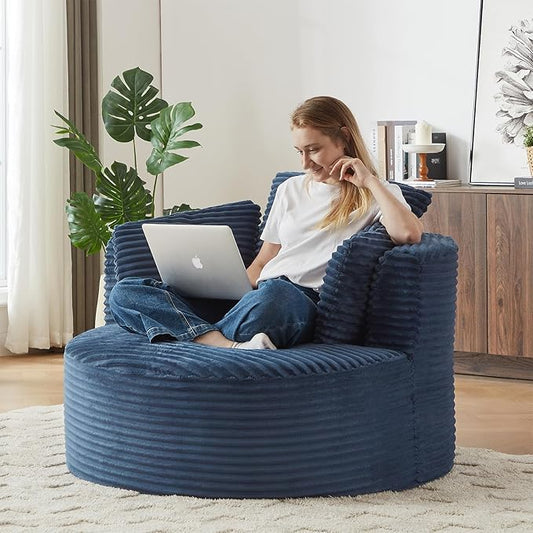 Oversized Round Chair 48W Corduroy Comfy Circle Armchair with Deep Seat &amp 3 Pillows Upholstered Floor Boneless Chair Fluffy Modern Cozy Sofa Chairs for Living Room Bedroom Apartment(Blue)