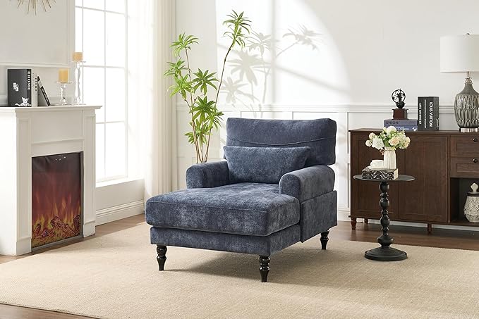 51'' Chaise Lounge Chair Indoor Accent Upholstered Reading Side Armchair Comfy Leisure Sleeper Sofa Chair Chenille Recliner Arm Chairs for Living Room &amp Bedroom Easy Assembly (Blue) | Modern