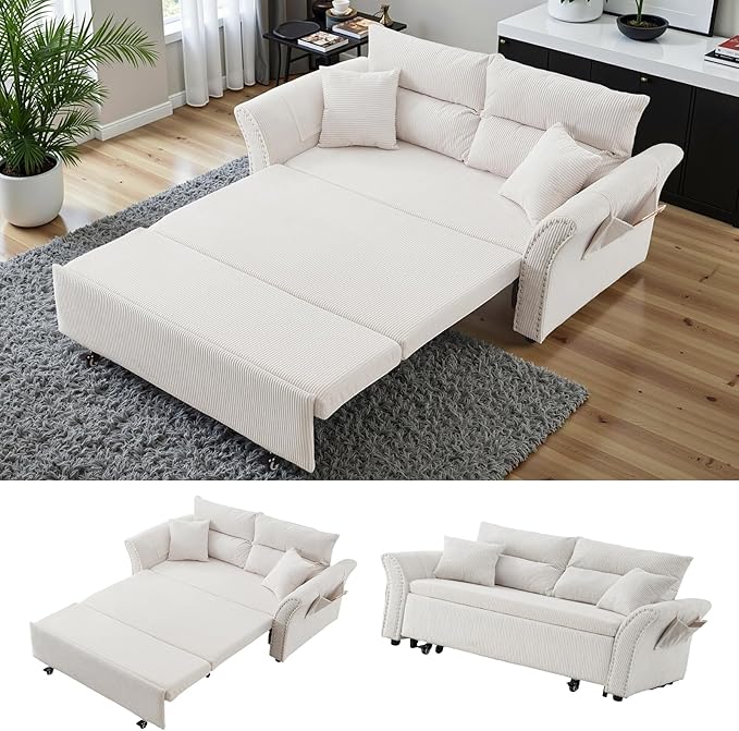 Gexpusm Futon Sofa Bed Queen Size3-in-1 Convertible Sleeper SofaPull Out Bed with Side PocketLoveseat CouchModern Futon Couch for Living RoomSmall SpaceApartmentBedroom (White Corduroy 64) |